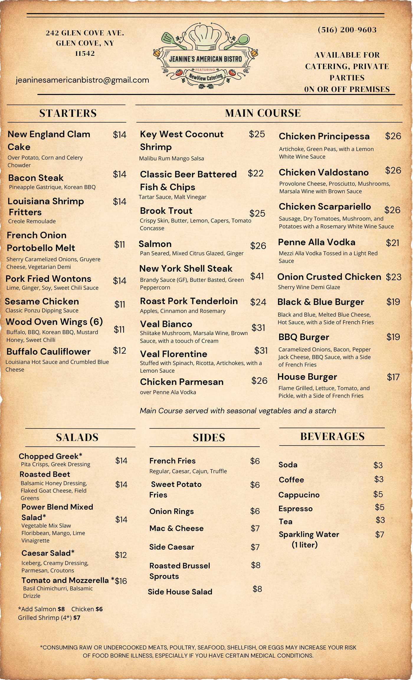 Jeaninie's American Bistro Main Menu